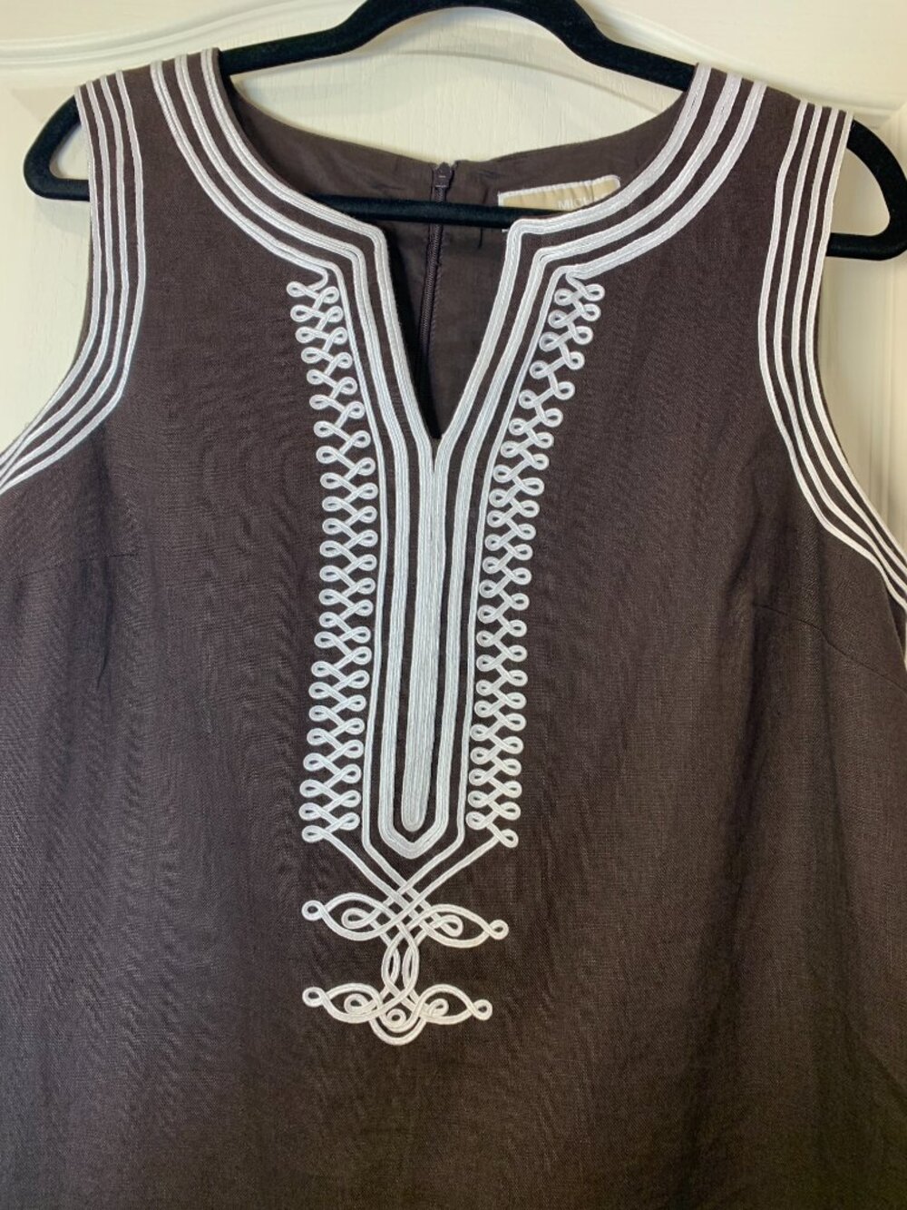 Michael Kors 100% Linen Sleeveless Dress Brown White Trim Lined Summer Size 12 - Picture 4 of 11